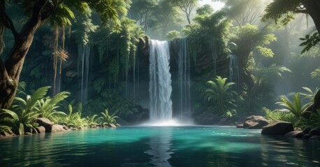 Tropical jungle waterfall under a canopy of trees with crystal clear water, unpolluted, zen