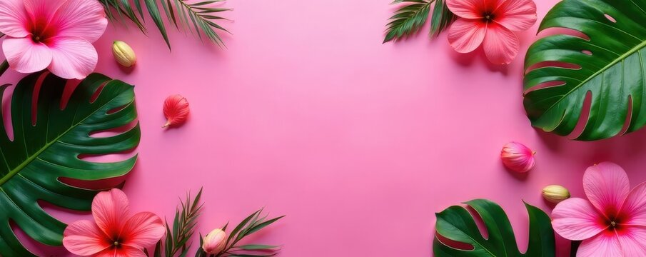 Tropical leaves and flowers scattered on a neon pink background, background, bohemian, chillwave