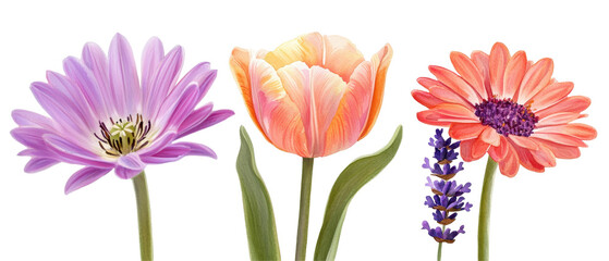 Obraz premium Beautiful flowers including tulips, daisies, and lavender in vibrant colors