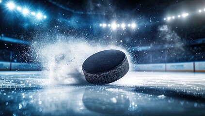 A black hockey puck flies across the ice, leaving behind smoke and sparks in an action shot. 