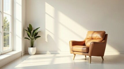 Sunlight Illuminates a Tan Leather Armchair in a Minimalist Room with a Potted Plant