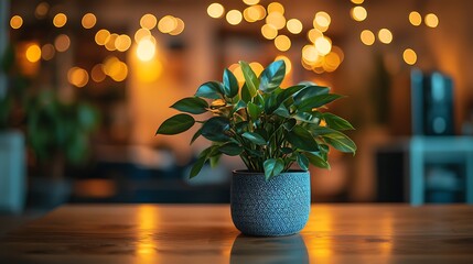 Indoor Plant on Table, Cozy Cafe, Bokeh Lights