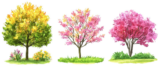 Obraz premium High resolution watercolor clipart of colorful spring trees and flowers