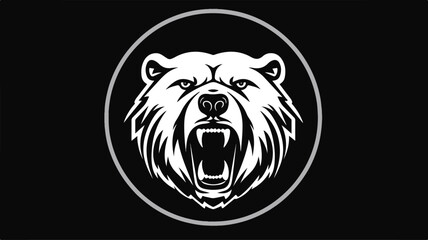 A black and white stock image features the head of an angry grizzly bear.