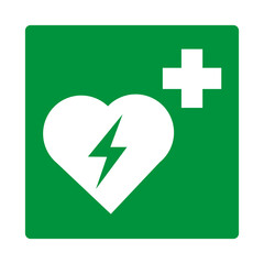 Green sign automatic external defibrillator. Location the AED automatic external defibrillator for emergency assistance in cases heart attack or sudden cardiac arrest. Providing first aid. Iso 7010.
