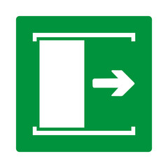 Green sign door slides right to open. Door opening directions in emergency or normal situations. Simplifies orientation and promotes safety, especially in emergency situations. Iso 7010.