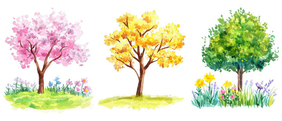 Colorful trees in spring, summer, and autumn with flowers