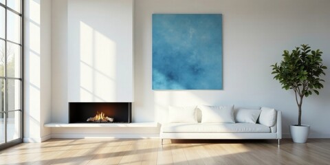 Modern minimalist living room design featuring a built-in fireplace and calming blue artwork