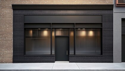 A realistic front view of an empty black storefront with large windows on the ground floor and brick walls behind it.