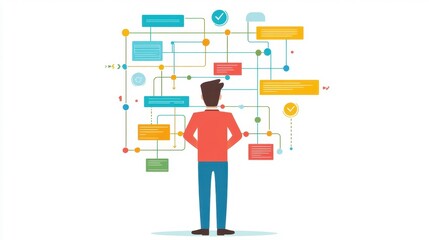 Person Analyzing Flowchart and Data Visualization