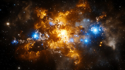 Fototapeta premium Celestial Tapestry Weaving Gold and Blue Galaxy Dust with Cosmic Star Formation Regions in the Void