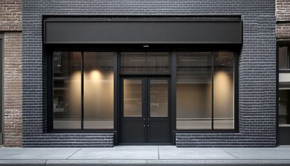 A realistic front view of an empty black storefront with large windows on the ground floor and brick walls behind it.