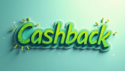Vibrant 3D text reading cashback with playful design and soft lighting on a mint green background