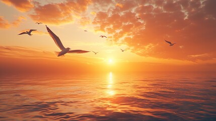 Capturing Coastal Serenity: A Seaside Sunrise Background Image with Flying Seagulls, Golden Horizon Reflections, and Ocean Waves – Perfect for Beach Wallpapers, Nautical Design, and Coastal Tourism Ca