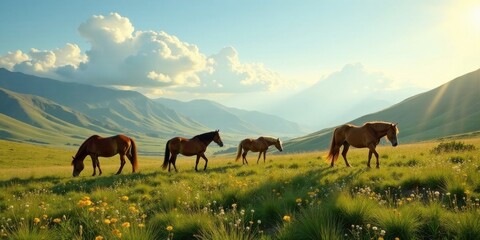 Fototapeta premium Serene Meadow Sunset Four Horses Grazing Peacefully Amidst Blooming Wildflowers and Rolling Green Hills Under a Vast Sky