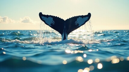 Fototapeta premium Oceanic Majesty A Whale's Flukes Gracefully Emerge from Sunlit Waters