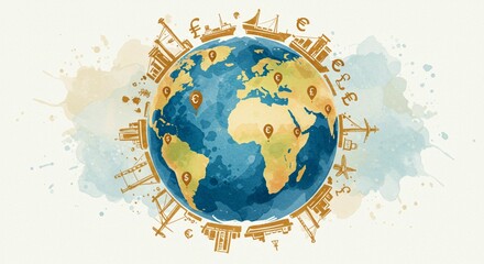 Global Trade Watercolor Earth with International Shipping Commerce and Currency Symbols