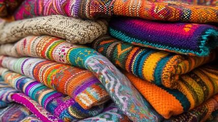 Vibrant Andean Textiles: A Colorful Collection of Woven Blankets and Sweaters