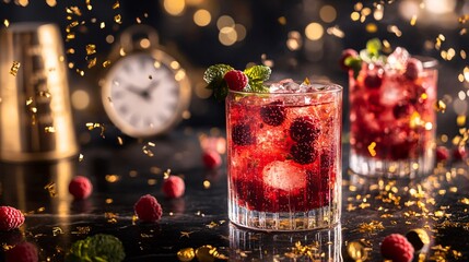A New Year’s Eve celebration scene with glasses of sparkling berry sangria, gold confetti falling, and a midnight countdown clock in the background