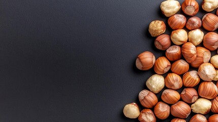 Hazelnuts scattered on a dark background, natural protein snack concept