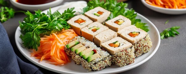 High-protein sushi roll with quinoa and tofu, modern fusion cuisine