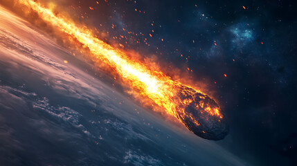 A massive asteroid blazing through Earth's atmosphere, leaving a fiery trail as it approaches impact 