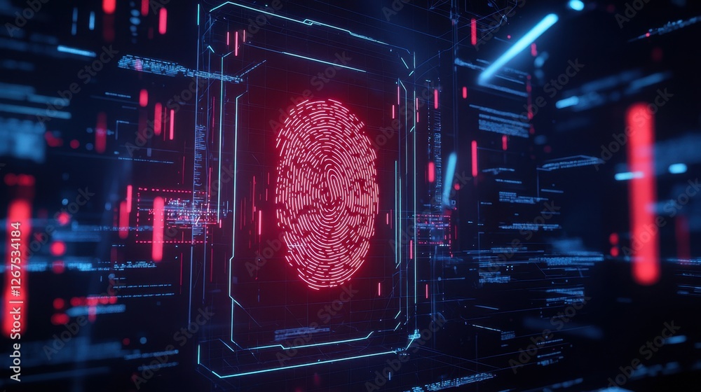 Poster futuristic digital fingerprint with neon red glow in abstract cyber environment depicting secure dat