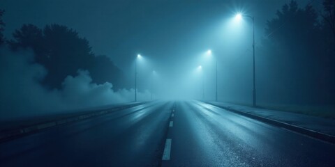 Mysterious Night Road Enveloped in Fog with Glowing Streetlights Illuminating the Path Ahead