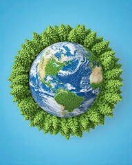 Fototapeta premium Earth Day Various illustrated A vibrant illustration of Earth surrounded by lush greenery, symbolizing the harmony between nature and planet health.