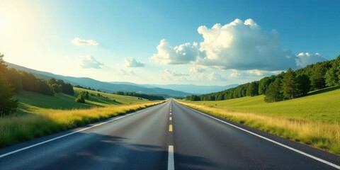 Asphalt Road Through Rolling Green Hills Under a Summer Sky, Leading to a Distant Mountain Range
