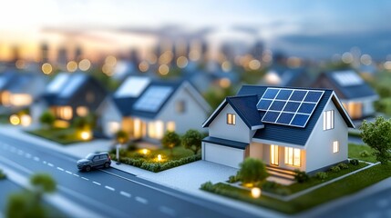A white house with solar panels on the roof located on a road in a village setting, showcasing modern architecture and residential property