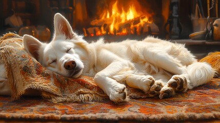 White dog sleeps peacefully by a warm fireplace. (1)