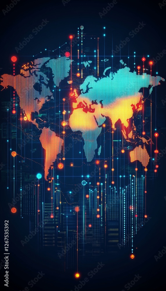 Poster global network connections abstract world map with data points, lines, and glowing nodes.