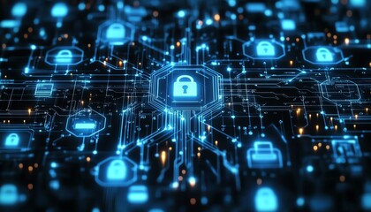 Artistic depiction of cybersecurity, hacker warning symbols, encrypted data grids, lock icons, digital firewall, glowing alerts, modern tech designs, and data protection focus