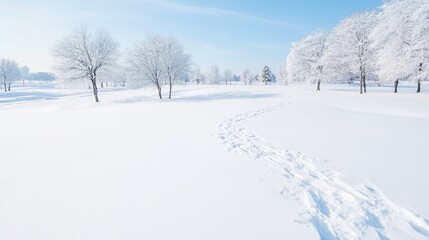 Obraz premium Footprints wind through a pristine snow-covered field lined with frost-coated trees under a clear blue sky on a bright winter day.