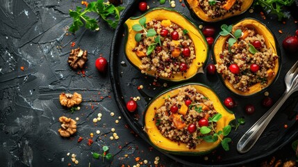 Stuffed acorn squash with quinoa and cranberries on a dark textured table, flat lay