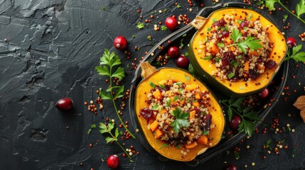Stuffed acorn squash with quinoa and cranberries on a dark textured table, flat lay