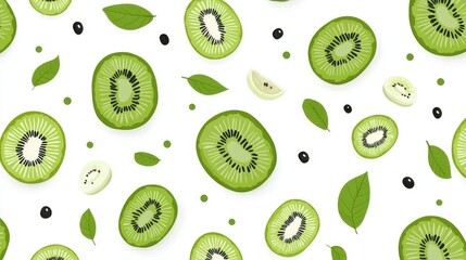 Fototapeta premium Fresh and Vibrant Kiwi Fruit Pattern with Green Leaves and Black Seeds on a White Background for Healthy Eating Themes