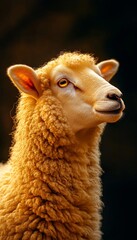 Fototapeta premium Curious Golden Sheep, Close-Up Portrait Highlighting the Texture and Expression of the Animal