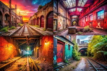 Fototapeta premium Red-hued photography captures decaying cityscapes, exploring abandoned industrial spaces.