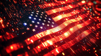 Vibrant display of an American flag illuminated in dazzling red and blue hues, symbolizing patriotic spirit and pride in celebration