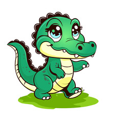 Adorable cartoon illustration of a cute baby crocodile walking happily on a patch of green grass. The crocodile features a friendly expression, big sparkling eyes, and vibrant green tones.