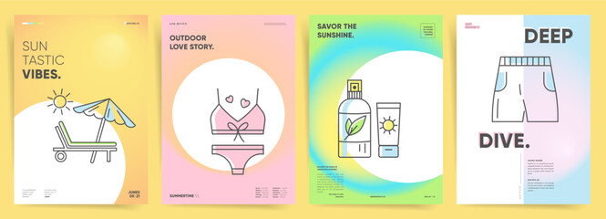 Vibrant beach lifestyle poster collection. Abstract pastel gradient backgrounds with summer minimalistic illustrations.