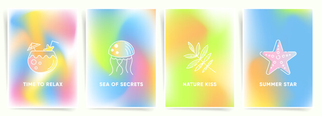 Naklejka premium Fun and fresh beach poster set. Minimalist summer illustrations over pastel abstract gradients for modern decor and branding.