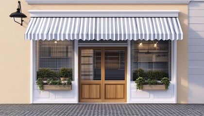 Fototapeta premium 3D rendering of a shop front with a striped awning and window boxes. It is set against a light brown wall with pale tile decoration. 