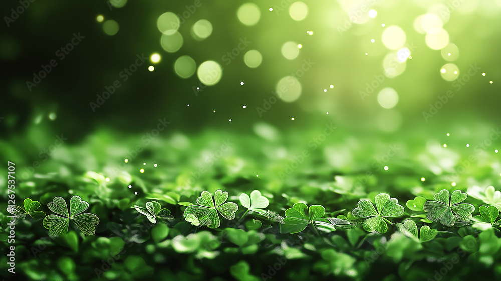 Wall mural abstract bokeh blur template with clovers on green background for st patrick's day