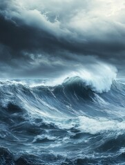 Massive ocean waves during a powerful storm under a dark cloudy sky, showcasing the raw and intense power of nature and the sea