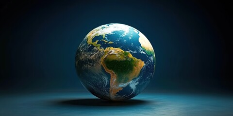 Fototapeta premium 3D rendering of the Earth as an egg, showing the continents and oceans on its surface. The background is a dark blue with soft lighting highlighting the Earth's shape.