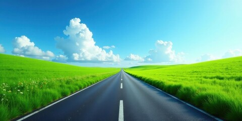 Asphalt road stretching towards a vibrant, sun-drenched landscape of rolling green hills under a bright, clear sky with fluffy white clouds.