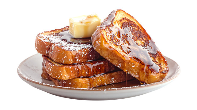 Homemade french toast stack with golden brown slices of crispy, fluffy bread, drizzled with maple syrup and butter, isolated on a transparent background for breakfast, brunch, and bakery lovers.